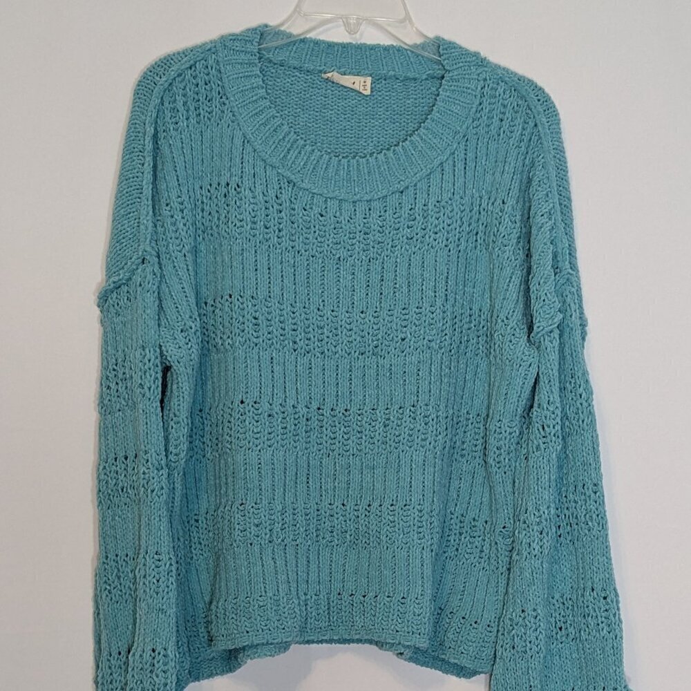 NEW IN Teal Blue Long Sleeve Pullover Crew Neck Boxy Chenille Sweater; Size M